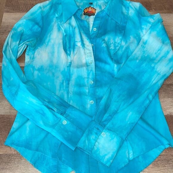 Love Junkie Women’s Tie Dye Button Down Shirt Studded Cross Teal Size Large‎ - Picture 5 of 11